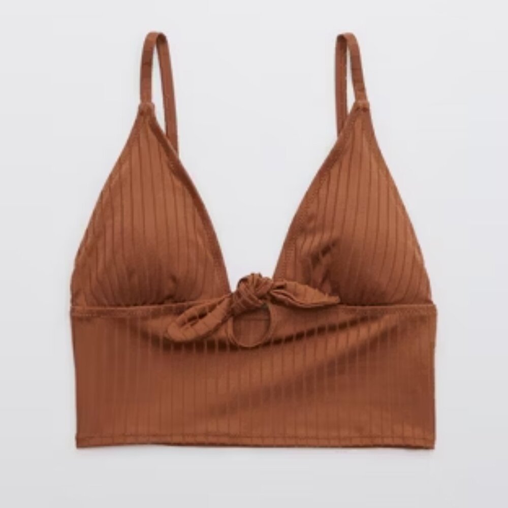 Aerie Ribbed Shine Longline Tie Front Triangle Bikini Top Size XXL
